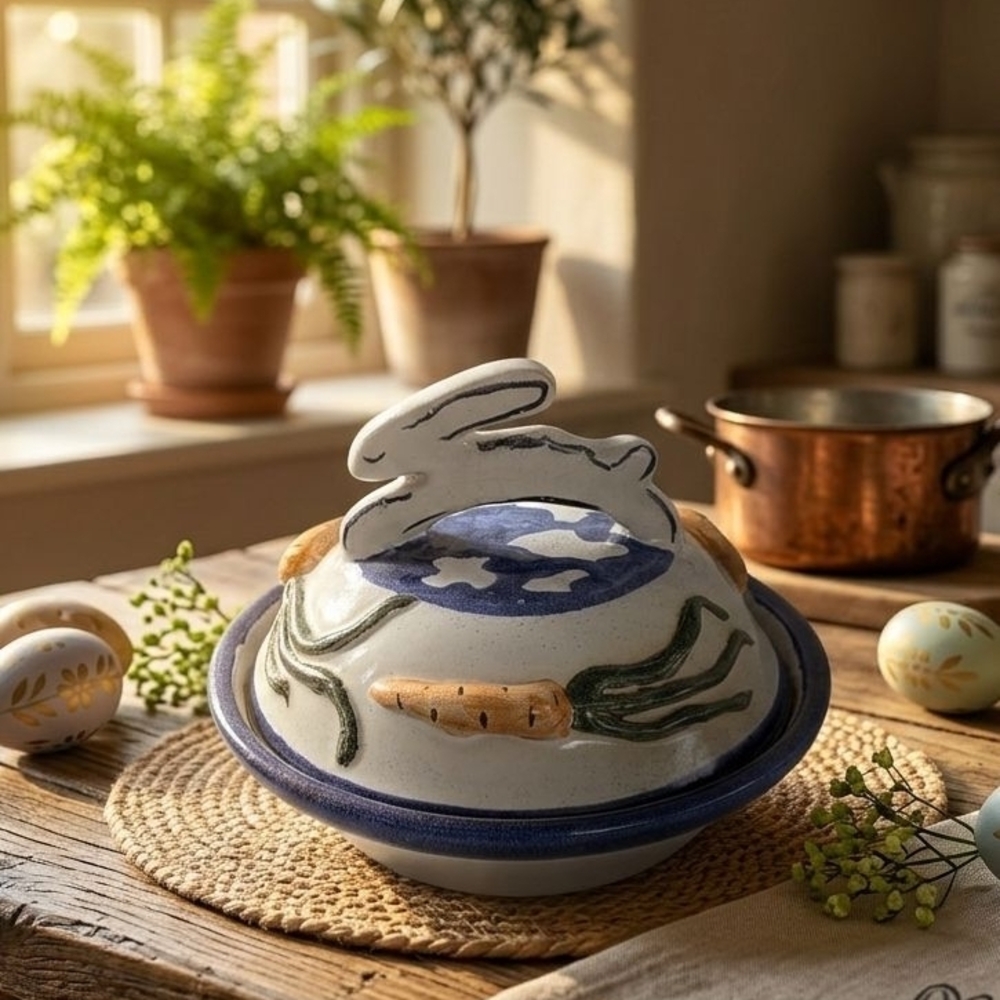 Studio Pottery lidded cheese dish bunny handle Ceramic Easter Carrot